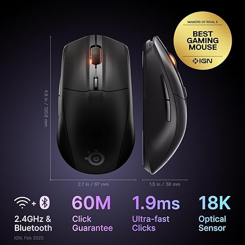 STEELSERIES RIVAL 3 WIRELESS GEN 2 GAMING MOUSE 18000 DPI BLUETOOTH 2.4GHZ BLACK