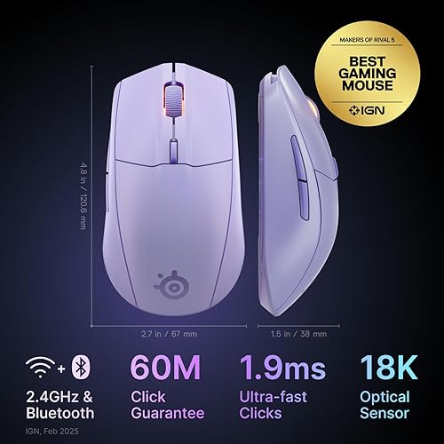 STEELSERIES RIVAL 3 WIRELESS GEN 2 GAMING MOUSE LAVENDER 18000 DPI, BLUETOOTH 2.4GHZ