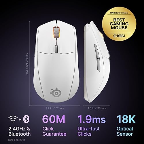 STEELSERIES RIVAL 3 WIRELESS GEN 2 GAMING MOUSE 18000 DPI BLUETOOTH 2.4GHZ WHITE LIGHT-WEIGHT