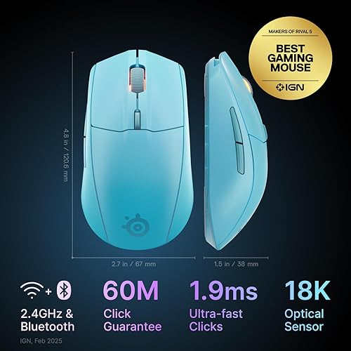 STEELSERIES RIVAL 3 WIRELESS GEN 2 GAMING MOUSE 18000 DPI BLUETOOTH 2.4GHZ LIGHT WEIGHT AQUA