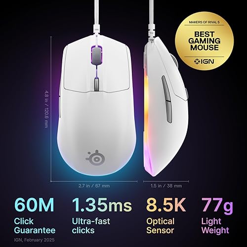 STEELSERIES RIVAL 3 GEN 2 GAMING MOUSE - 8500 DPI OPTICAL SENSOR, 60M CLICKS, RGB WHITE