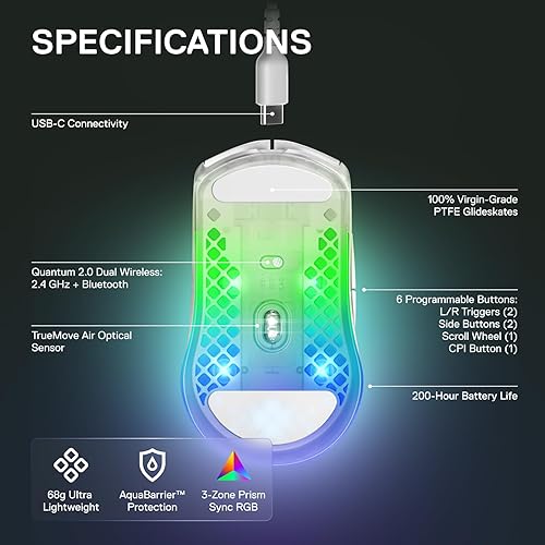STEELSERIES AEROX 3 WIRELESS RGB GAMING MOUSE 18K DPI TRUEMOVE AIR, ULTRA-LIGHT, WATER RESISTANT