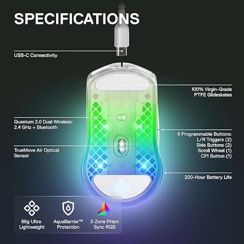 STEELSERIES AEROX 3 WIRELESS RGB GAMING MOUSE 18K DPI TRUEMOVE AIR, ULTRA-LIGHT, WATER RESISTANT