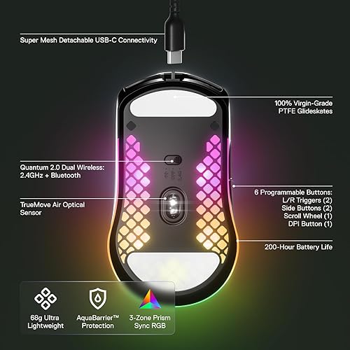STEELSERIES AEROX 3 WIRELESS GAMING MOUSE - ULTRA-LIGHTWEIGHT, WATER RESISTANT, 18K DPI RGB