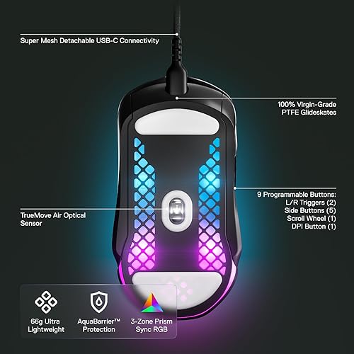 STEELSERIES AEROX 5 ULTRA-LIGHT RGB GAMING MOUSE WITH 18K DPI TRUEMOVE AIR SENSOR, WATER RESISTANT