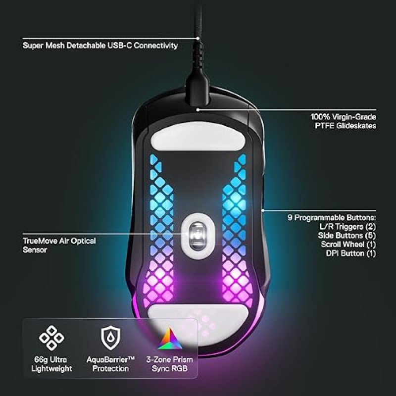 STEELSERIES AEROX 5 ULTRA-LIGHT RGB GAMING MOUSE WITH 18K DPI TRUEMOVE AIR SENSOR, WATER RESISTANT