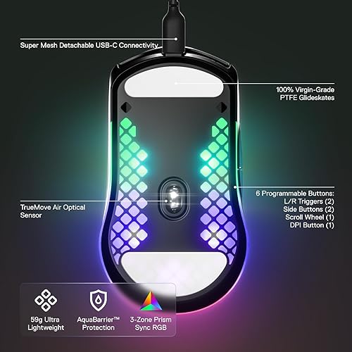 STEELSERIES AEROX 3 ONYX RGB GAMING MOUSE - ULTRA-LIGHT, WATER RESISTANT, 8500 DPI OPTICAL SENSOR