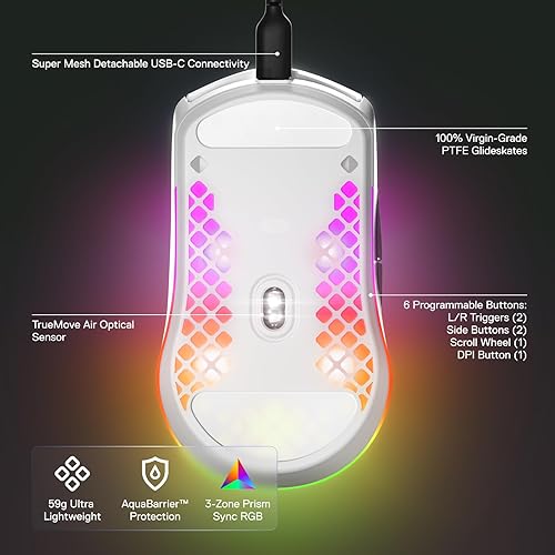STEELSERIES AEROX 3 SNOW RGB GAMING MOUSE - ULTRA-LIGHT, WATER RESISTANT, 8500 DPI SENSOR