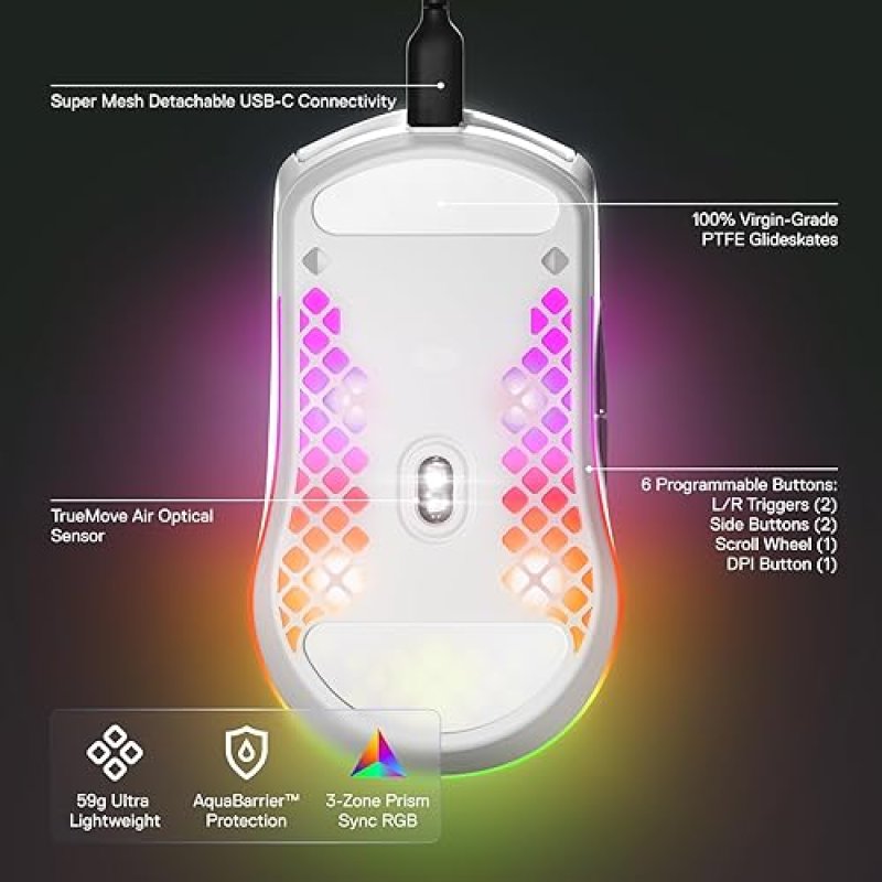 STEELSERIES AEROX 3 SNOW RGB GAMING MOUSE - ULTRA-LIGHT, WATER RESISTANT, 8500 DPI SENSOR