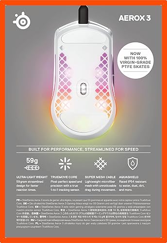 STEELSERIES AEROX 3 SNOW RGB GAMING MOUSE - ULTRA-LIGHT, WATER RESISTANT, 8500 DPI SENSOR