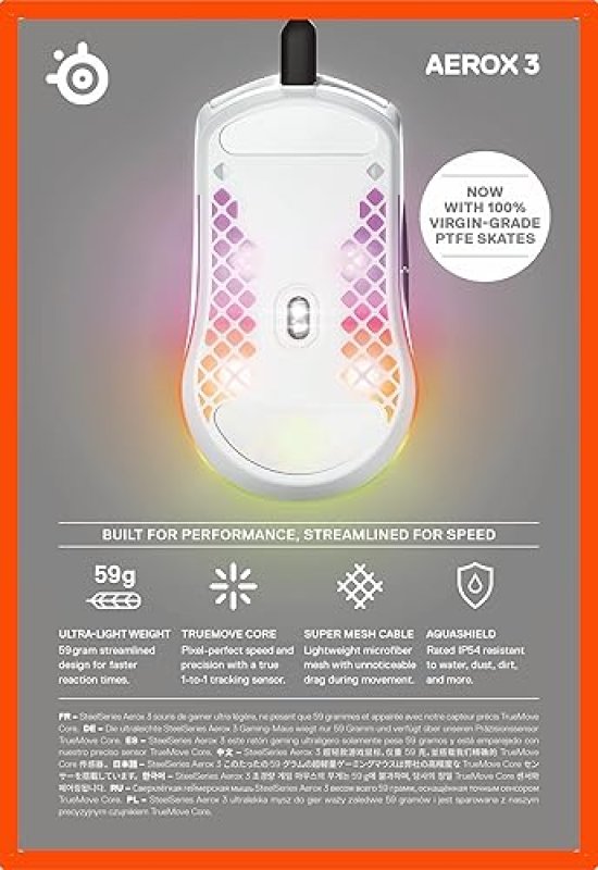 STEELSERIES AEROX 3 SNOW RGB GAMING MOUSE - ULTRA-LIGHT, WATER RESISTANT, 8500 DPI SENSOR