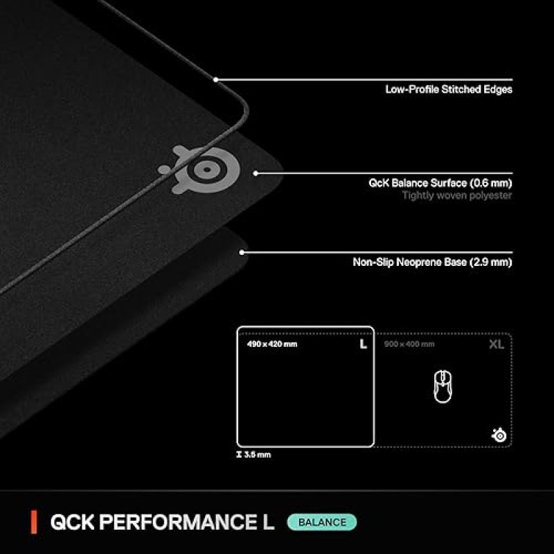 STEELSERIES QCK L GAMING MOUSEPAD EXTRA DENSE SMOOTH GLIDE NON-SLIP 16.54X19.29 INCH