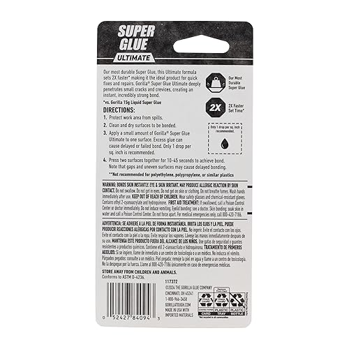 GORILLA ULTIMATE SUPER GLUE CLEAR 15G - FAST-SETTING CYANOACRYLATE WITH ANTI-CLOG CAP