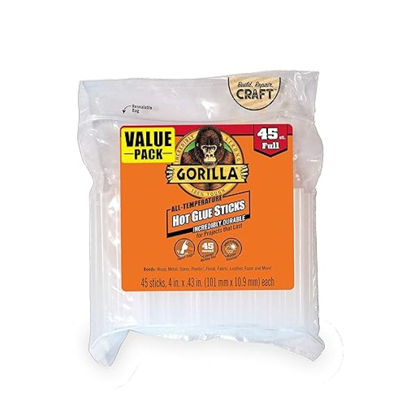 GORILLA CLEAR HOT GLUE STICKS 4 X 0.43 45 COUNT SAFE ALL TEMPERATURES, EXTENDED WORK TIME