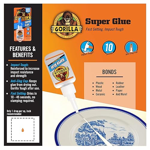 GORILLA SUPER GLUE CLEAR 20G PACK OF 10 FAST SETTING, ALL-PURPOSE ADHESIVE FOR REPAIRS