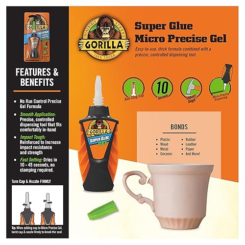 GORILLA MICRO PRECISE SUPER GLUE GEL 5.5G PACK OF 2 FAST SETTING, CLEAR, ANTI-CLOG CAP
