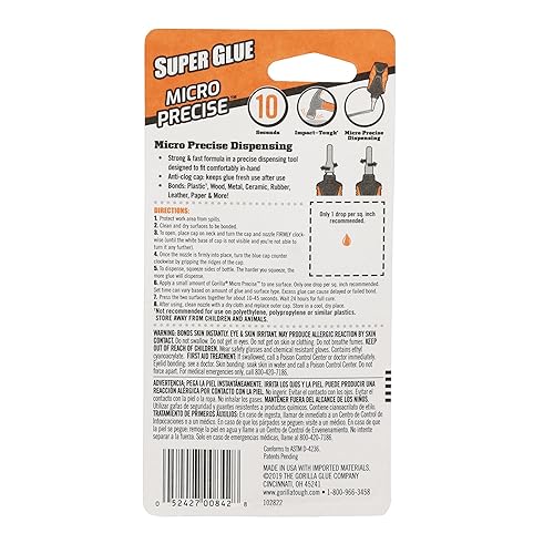 GORILLA MICRO PRECISE SUPER GLUE GEL 5.5G PACK OF 2 FAST SETTING, CLEAR, ANTI-CLOG CAP