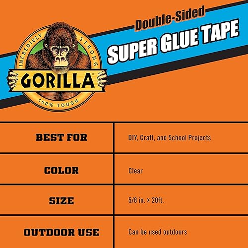 GORILLA SUPER GLUE DOUBLE SIDED TAPE, CLEAR, HIGH TACK, PERMANENT, 5 8IN X 20FT, 2 PACK