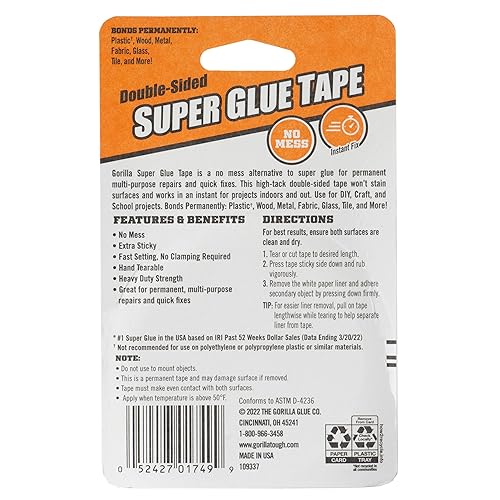 GORILLA SUPER GLUE DOUBLE SIDED TAPE, CLEAR, HIGH TACK, PERMANENT, 5 8IN X 20FT, 2 PACK