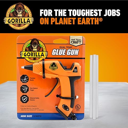GORILLA MINI HOT GLUE GUN KIT WITH 30 STICKS DUAL TEMP, PRECISION NOZZLE, EASY SQUEEZE TRIGGER