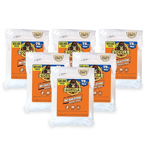 GORILLA CLEAR MINI HOT GLUE STICKS 4 X 0.27, 75 COUNT PACK OF 6, ALL-TEMPERATURE SAFE