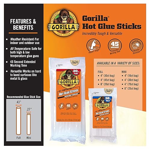 GORILLA CLEAR MINI HOT GLUE STICKS 4 X 0.27, 75 COUNT PACK OF 6, ALL-TEMPERATURE SAFE