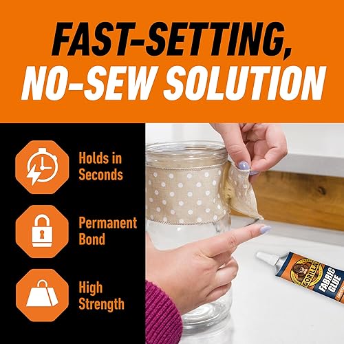 GORILLA FABRIC GLUE 2.5OZ PACK OF 3 WATERPROOF, NO SEW, WASHER DRYER SAFE, CLEAR BOND