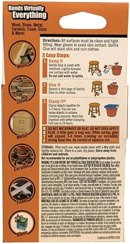 GORILLA ORIGINAL WATERPROOF POLYURETHANE GLUE, 2OZ BROWN BOTTLE STRONG ADHESIVE, PACK OF 1