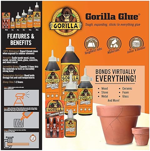 GORILLA ORIGINAL WATERPROOF POLYURETHANE GLUE, 2OZ BROWN BOTTLE STRONG ADHESIVE, PACK OF 1