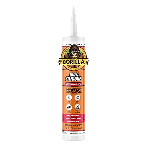 GORILLA 100 SILICONE SEALANT CAULK FOR KITCHEN BATH, WHITE, 10 OZ CARTRIDGE