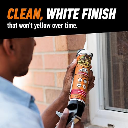 GORILLA 100 SILICONE SEALANT CAULK FOR KITCHEN BATH, WHITE, 10 OZ CARTRIDGE