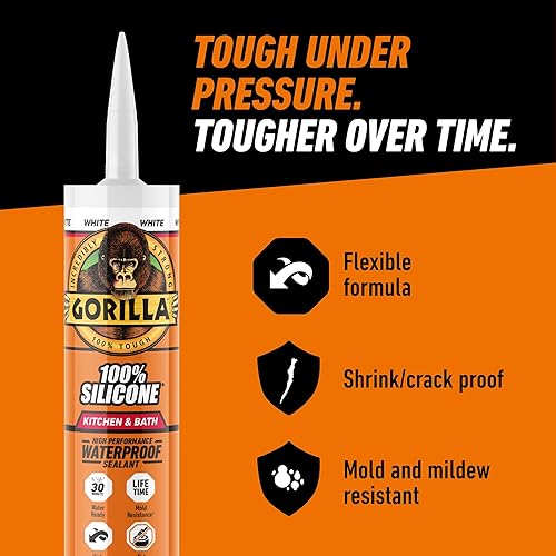GORILLA 100 SILICONE SEALANT CAULK FOR KITCHEN BATH, WHITE, 10 OZ CARTRIDGE