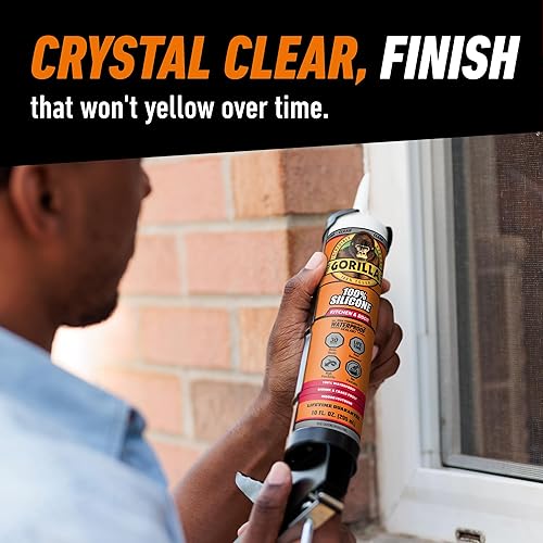 GORILLA CLEAR SILICONE SEALANT CAULK FOR KITCHEN BATH, 10 OZ CARTRIDGE, 100 WATERPROOF