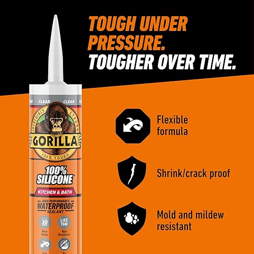 GORILLA CLEAR SILICONE SEALANT CAULK FOR KITCHEN BATH, 10 OZ CARTRIDGE, 100 WATERPROOF
