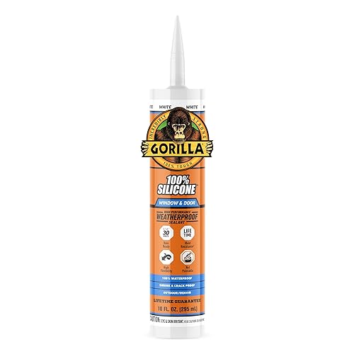 GORILLA 100 SILICONE SEALANT CAULK FOR WINDOWS DOORS, WHITE, 10 OZ CARTRIDGE