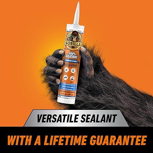 GORILLA 100 SILICONE SEALANT CAULK FOR WINDOWS DOORS, WHITE, 10 OZ CARTRIDGE