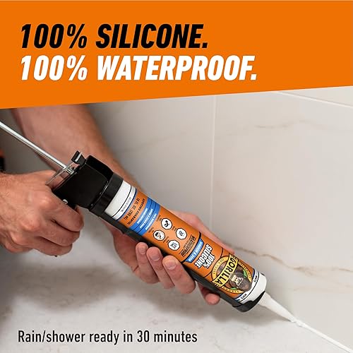GORILLA 100 SILICONE SEALANT CAULK FOR WINDOWS DOORS, WHITE, 10 OZ CARTRIDGE