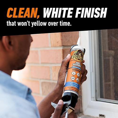 GORILLA 100 SILICONE SEALANT CAULK FOR WINDOWS DOORS, WHITE, 10 OZ CARTRIDGE