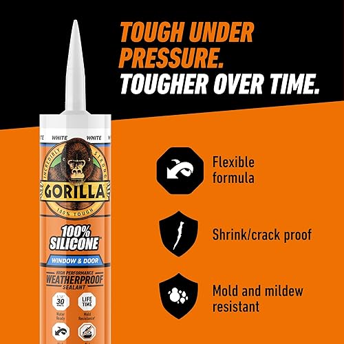 GORILLA 100 SILICONE SEALANT CAULK FOR WINDOWS DOORS, WHITE, 10 OZ CARTRIDGE