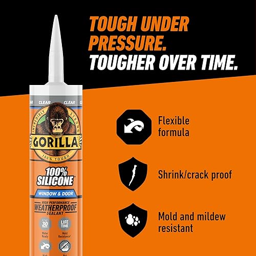 GORILLA CLEAR 100 SILICONE SEALANT CAULK FOR WINDOWS DOORS, 10 OZ CARTRIDGE