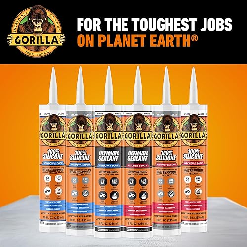 GORILLA CLEAR 100 SILICONE SEALANT CAULK FOR WINDOWS DOORS, 10 OZ CARTRIDGE