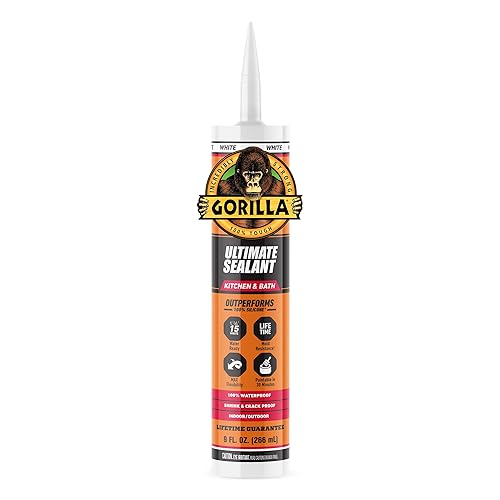 GORILLA ULTIMATE PAINTABLE WHITE KITCHEN BATH CAULK, 9 OZ CARTRIDGE, WATERPROOF SEALANT