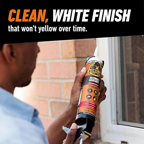 GORILLA ULTIMATE PAINTABLE WHITE KITCHEN BATH CAULK, 9 OZ CARTRIDGE, WATERPROOF SEALANT