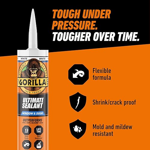 GORILLA ULTIMATE SEALANT CAULK FOR WINDOWS DOORS, 9 OZ CARTRIDGE, PAINTABLE WHITE