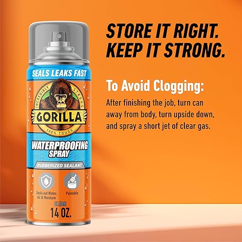 GORILLA WATERPROOF RUBBERIZED SEALANT SPRAY, CRYSTAL CLEAR 14OZ SEALS WATER, AIR MOISTURE