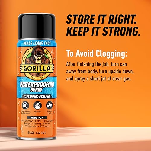 GORILLA WATERPROOF RUBBERIZED SEALANT SPRAY, BLACK 16OZ SEALS WATER, AIR MOISTURE