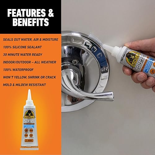 GORILLA CLEAR SILICONE CAULK 2.8OZ WATERPROOF SEALANT MOLD RESISTANT FOR KITCHEN BATH MARINE
