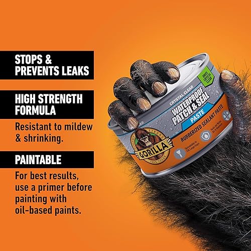 GORILLA WATERPROOF SEALANT PASTE 12.8OZ CLEAR LEAK STOPPER, FLEXIBLE, MILDEW RESISTANT, PAINTABLE