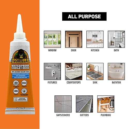 GORILLA 100 SILICONE CAULK 2.8OZ WHITE WATERPROOF SEALANT MOLD RESISTANT FOR KITCHEN BATH