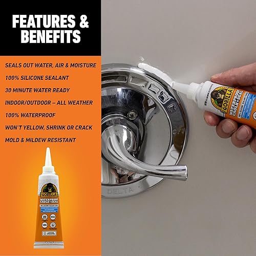 GORILLA 100 SILICONE CAULK 2.8OZ WHITE WATERPROOF SEALANT MOLD RESISTANT FOR KITCHEN BATH
